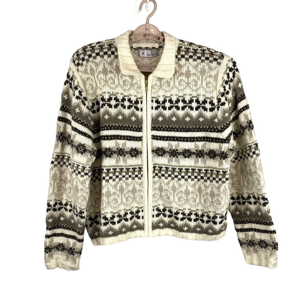Vintage LT Sport Knitted  Shimmery Grandmacore Chunky Cardigan Sweater Nordic  L
